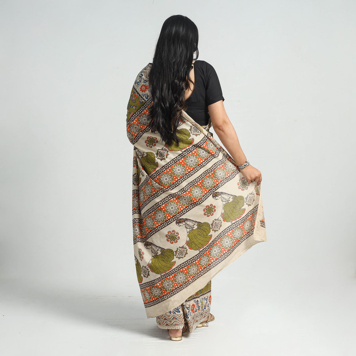 Green - Printed Cotton Kalamkari Saree with Blouse Piece 20