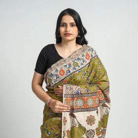 Green - Printed Cotton Kalamkari Saree with Blouse Piece 20