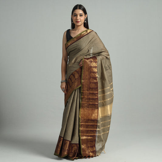 Brown - Traditional Kanchipuram Cotton Saree with Zari Border 22