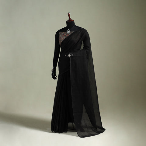 Black - Nazaakat Kota Doria Cotton Plain Saree with Blouse & Jewellery Set 37
