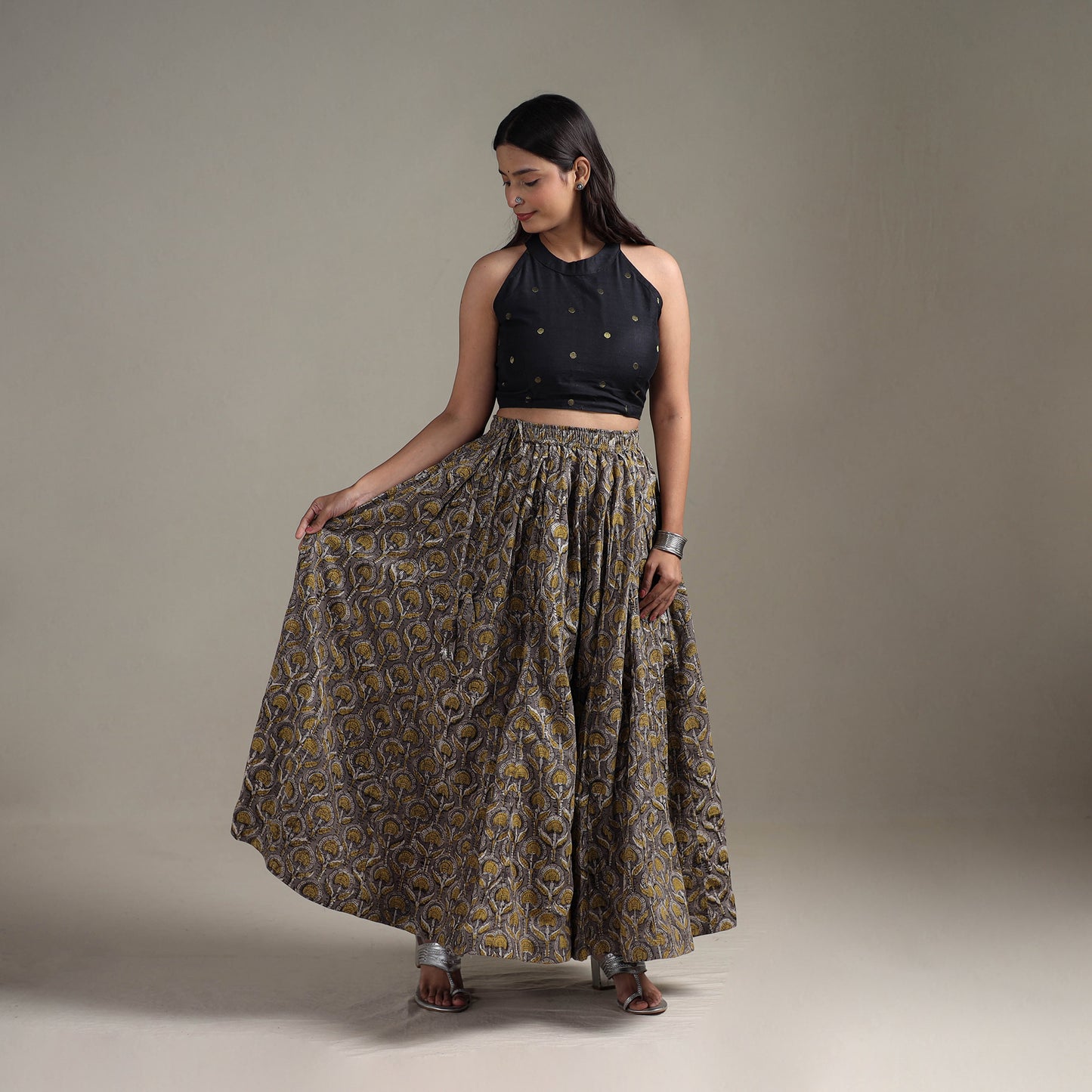 Bagru Hand Block Print 24 Kali Patchwork Natural Dyed Cotton Long Skirt 28