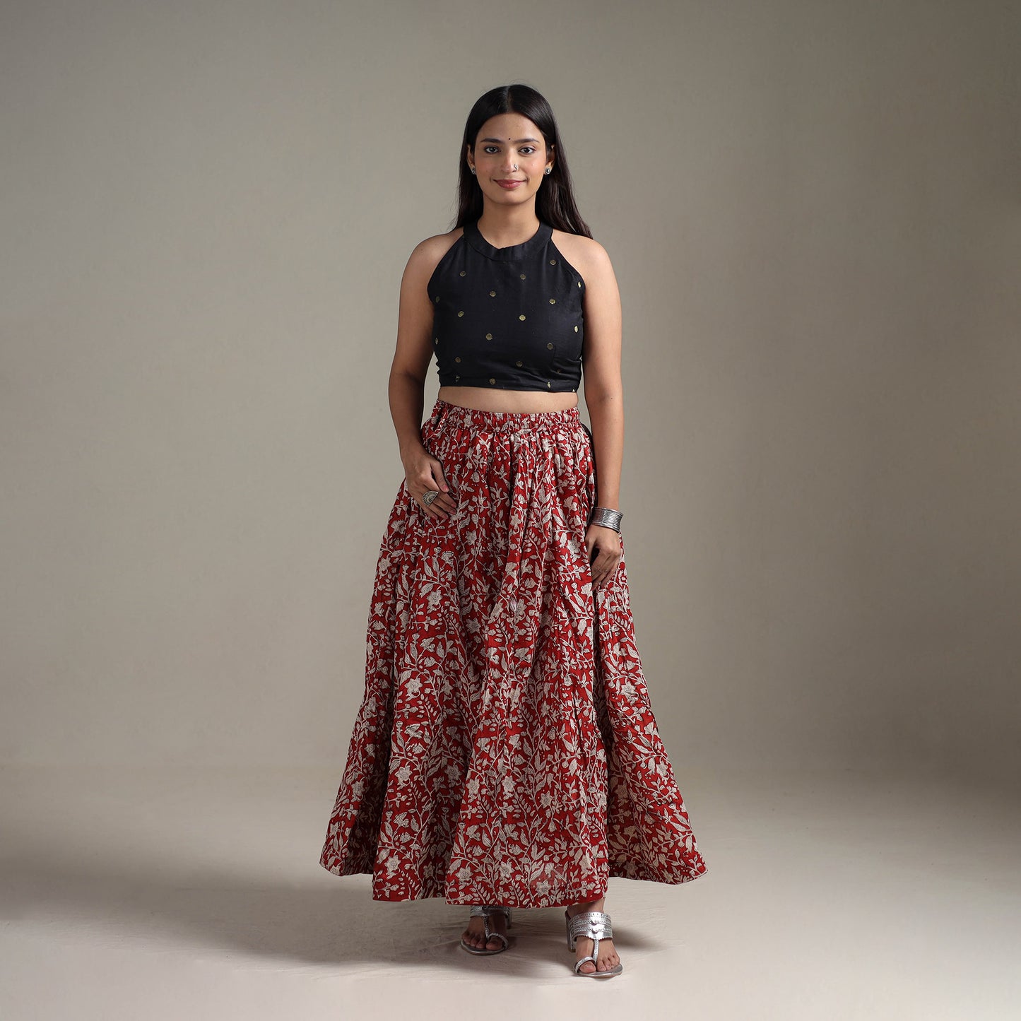 Bagru Hand Block Print 24 Kali Patchwork Natural Dyed Cotton Long Skirt 30
