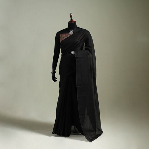 Black - Nazaakat Kota Doria Cotton Plain Saree with Blouse & Jewellery Set 38