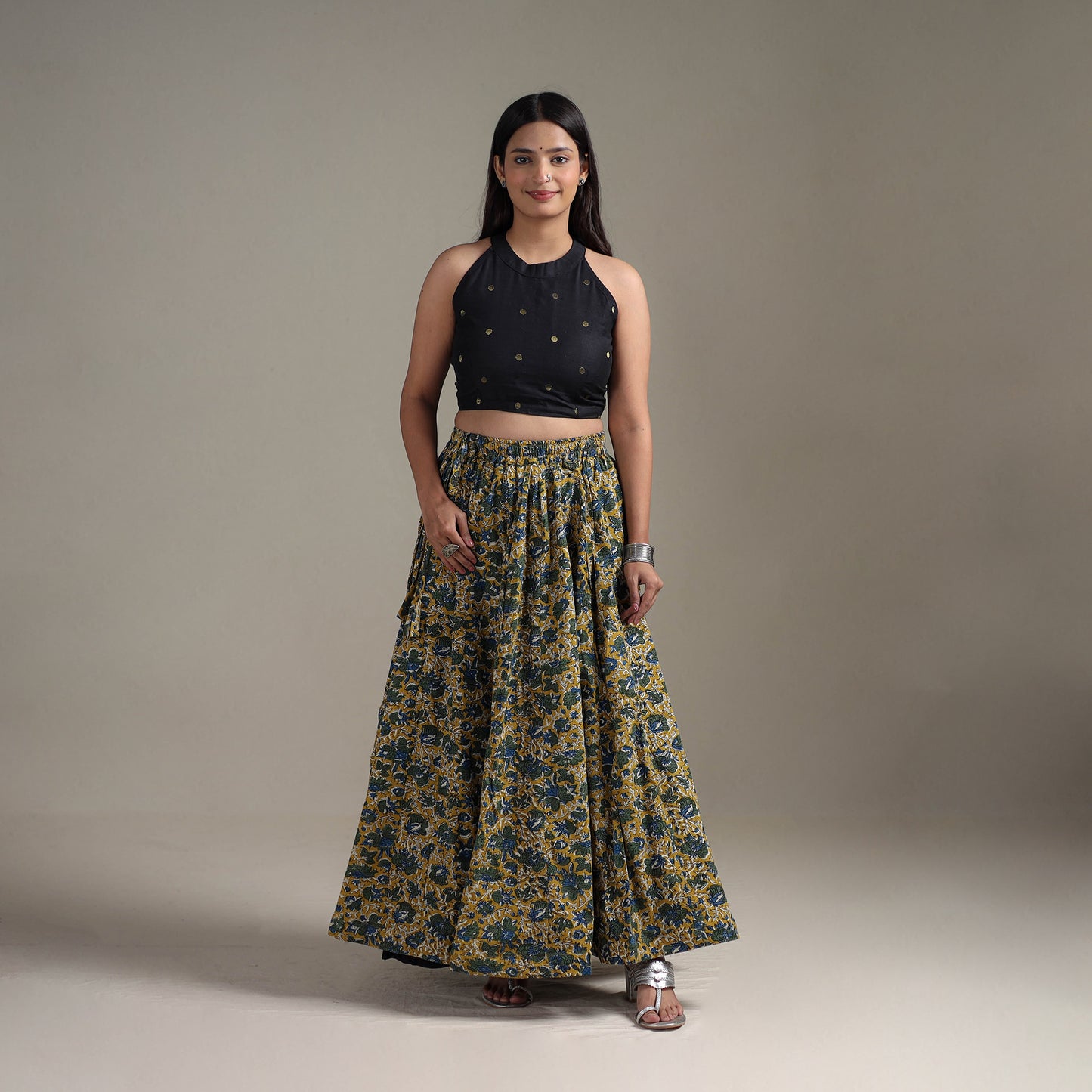 Bagru Hand Block Print 24 Kali Patchwork Natural Dyed Cotton Long Skirt 29