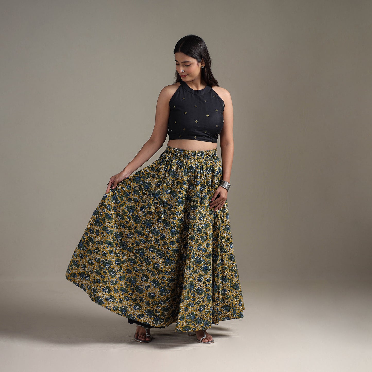 Bagru Hand Block Print 24 Kali Patchwork Natural Dyed Cotton Long Skirt 29