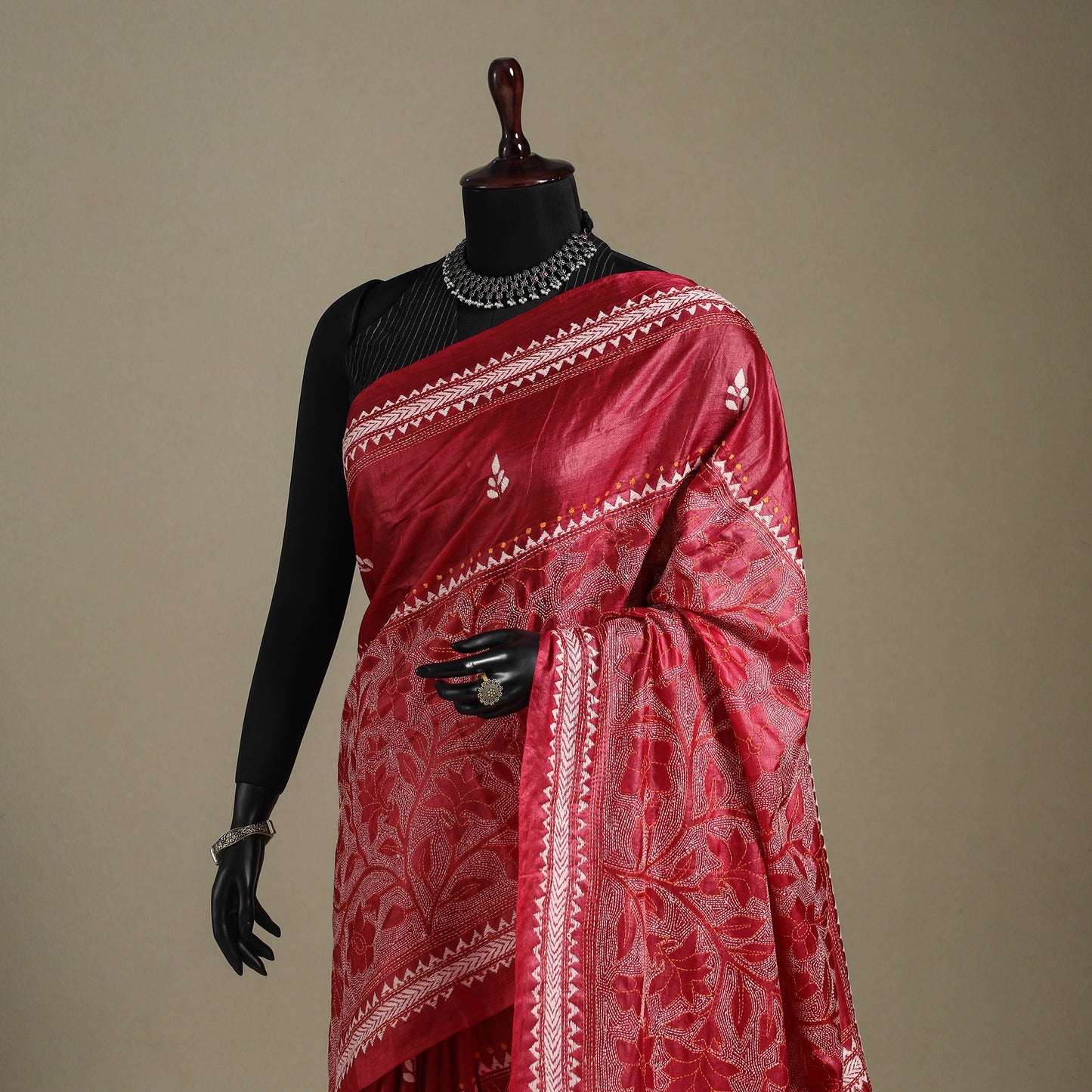 Red - bengal hand embroidery tussar silk handloom kantha