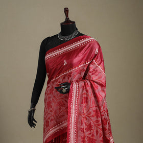 Red - bengal hand embroidery tussar silk handloom kantha