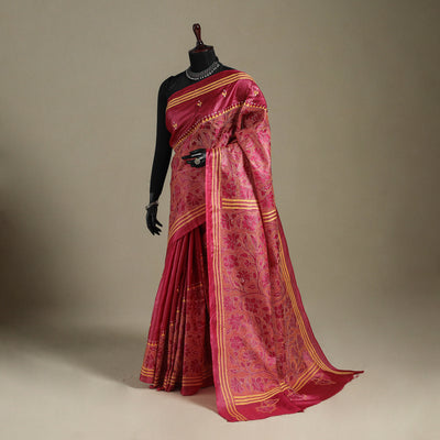 Red - bengal hand embroidery tussar silk handloom kantha