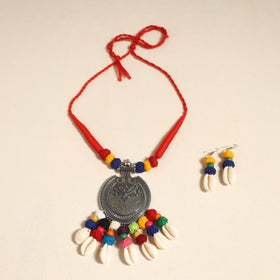 Navratri Special! Red German Silver Shell & Thread Beads Necklace Set