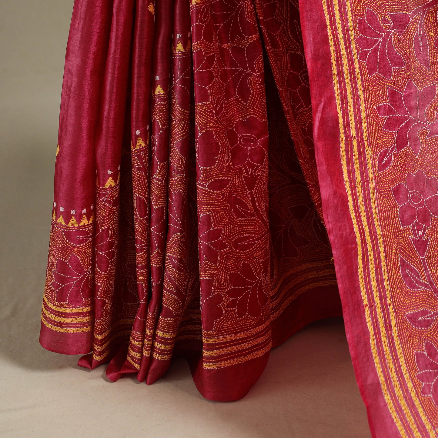 Red - bengal hand embroidery tussar silk handloom kantha