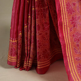 Red - bengal hand embroidery tussar silk handloom kantha