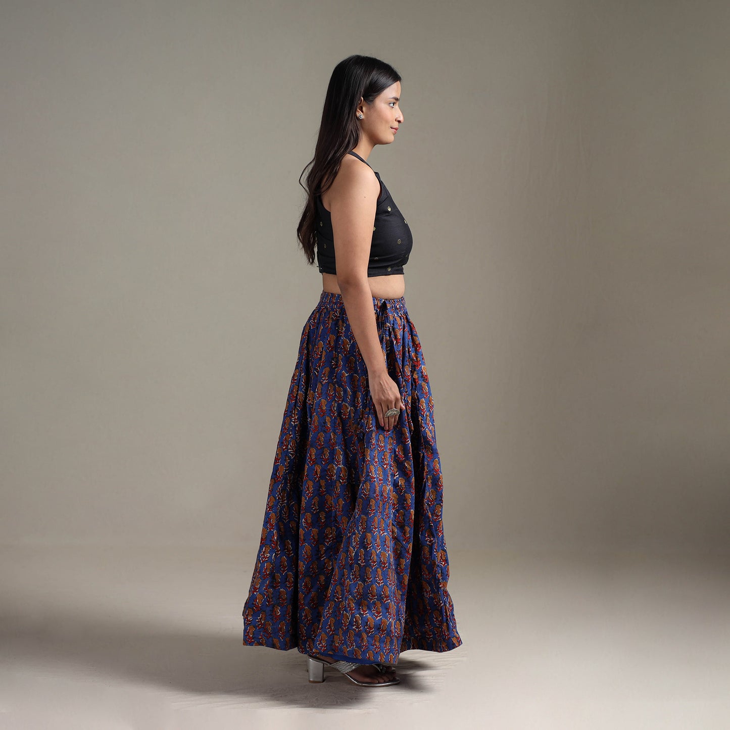 Bagru Hand Block Print 24 Kali Patchwork Natural Dyed Cotton Long Skirt 32