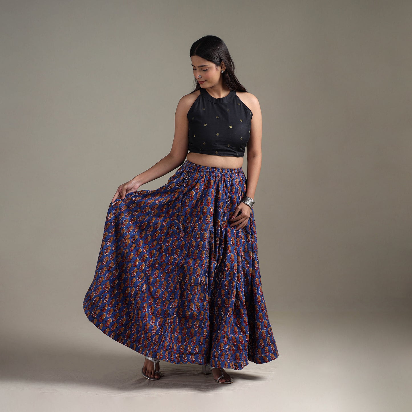 Bagru Hand Block Print 24 Kali Patchwork Natural Dyed Cotton Long Skirt 32