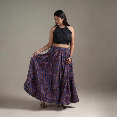 Bagru Hand Block Print 24 Kali Patchwork Natural Dyed Cotton Long Skirt 32