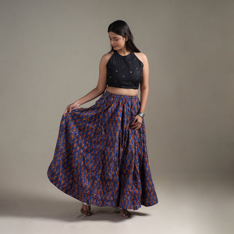 Purple - Bagru Hand Block Print 24 Kali Patchwork Natural Dyed Cotton Long Skirt 32