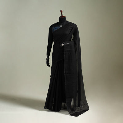 Black - Nazaakat Kota Doria Cotton Plain Saree with Blouse & Jewellery Set 40