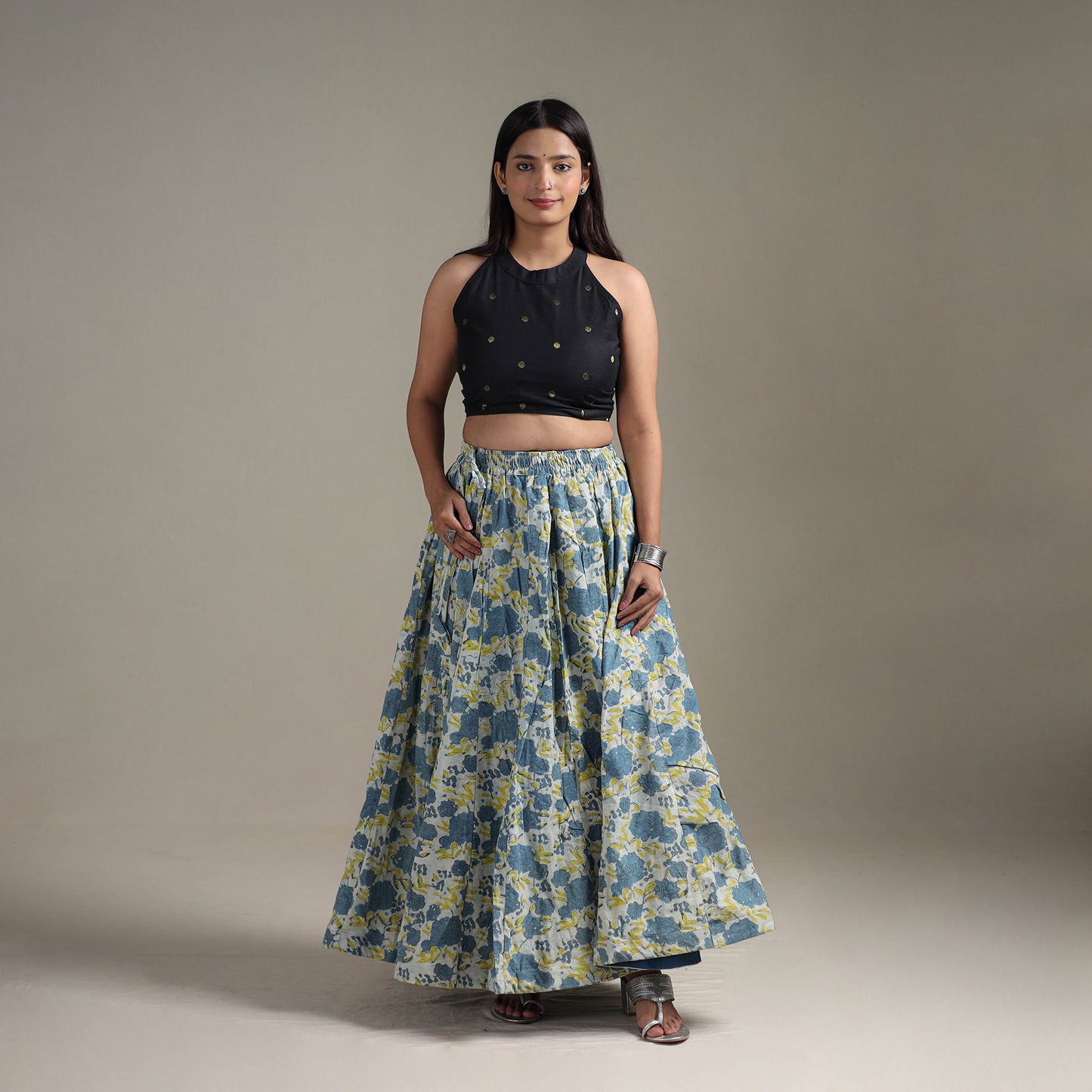 Bagru Hand Block Print 24 Kali Patchwork Natural Dyed Cotton Long Skirt 31
