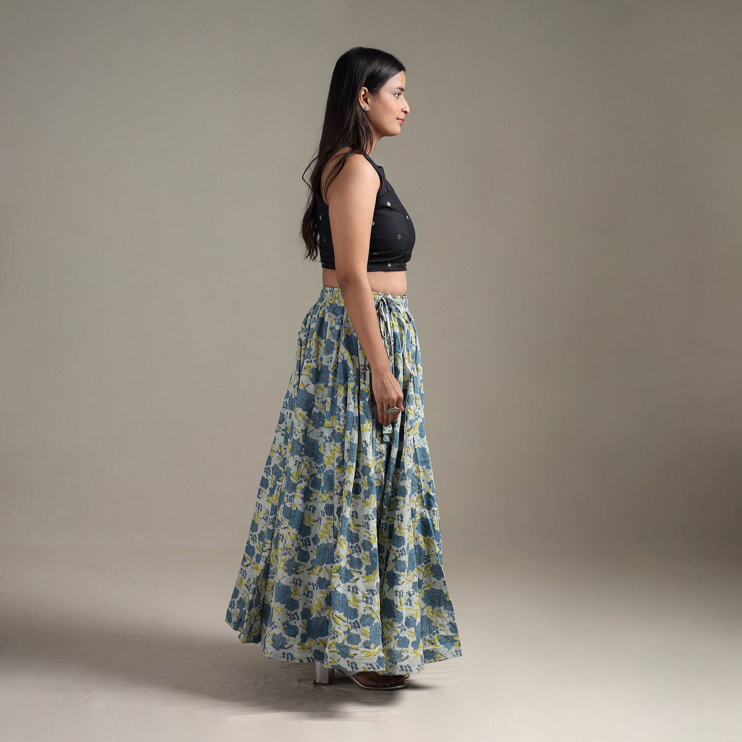 Bagru Hand Block Print 24 Kali Patchwork Natural Dyed Cotton Long Skirt 31