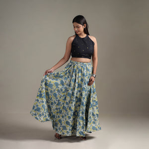 Blue - Bagru Hand Block Print 24 Kali Patchwork Natural Dyed Cotton Long Skirt 31