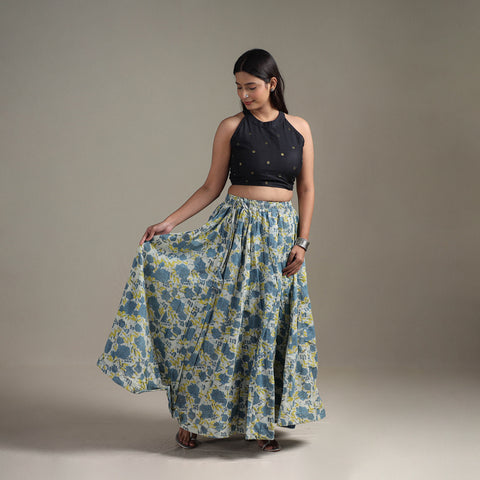 Blue - Bagru Hand Block Print 24 Kali Patchwork Natural Dyed Cotton Long Skirt 31