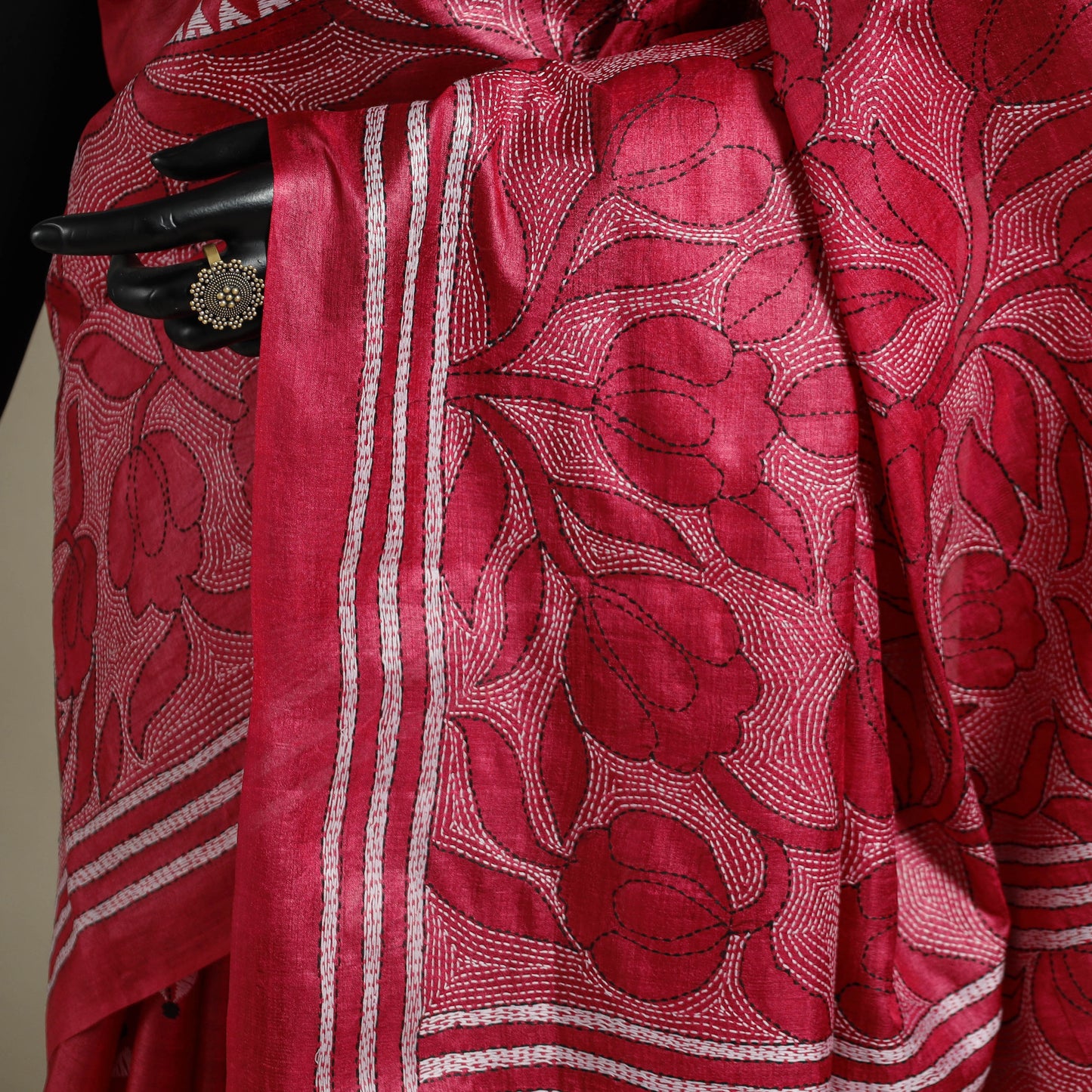 Red - bengal hand embroidery tussar silk handloom kantha