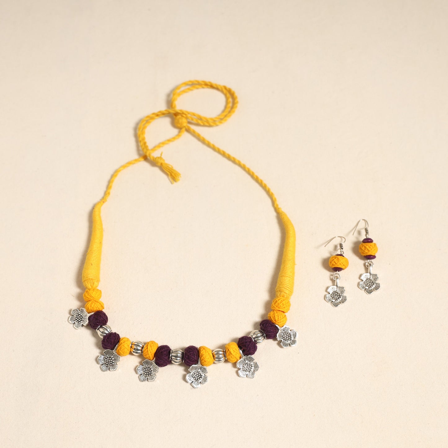 Navratri Special! Yellow German Silver Thread Beads Necklace Set