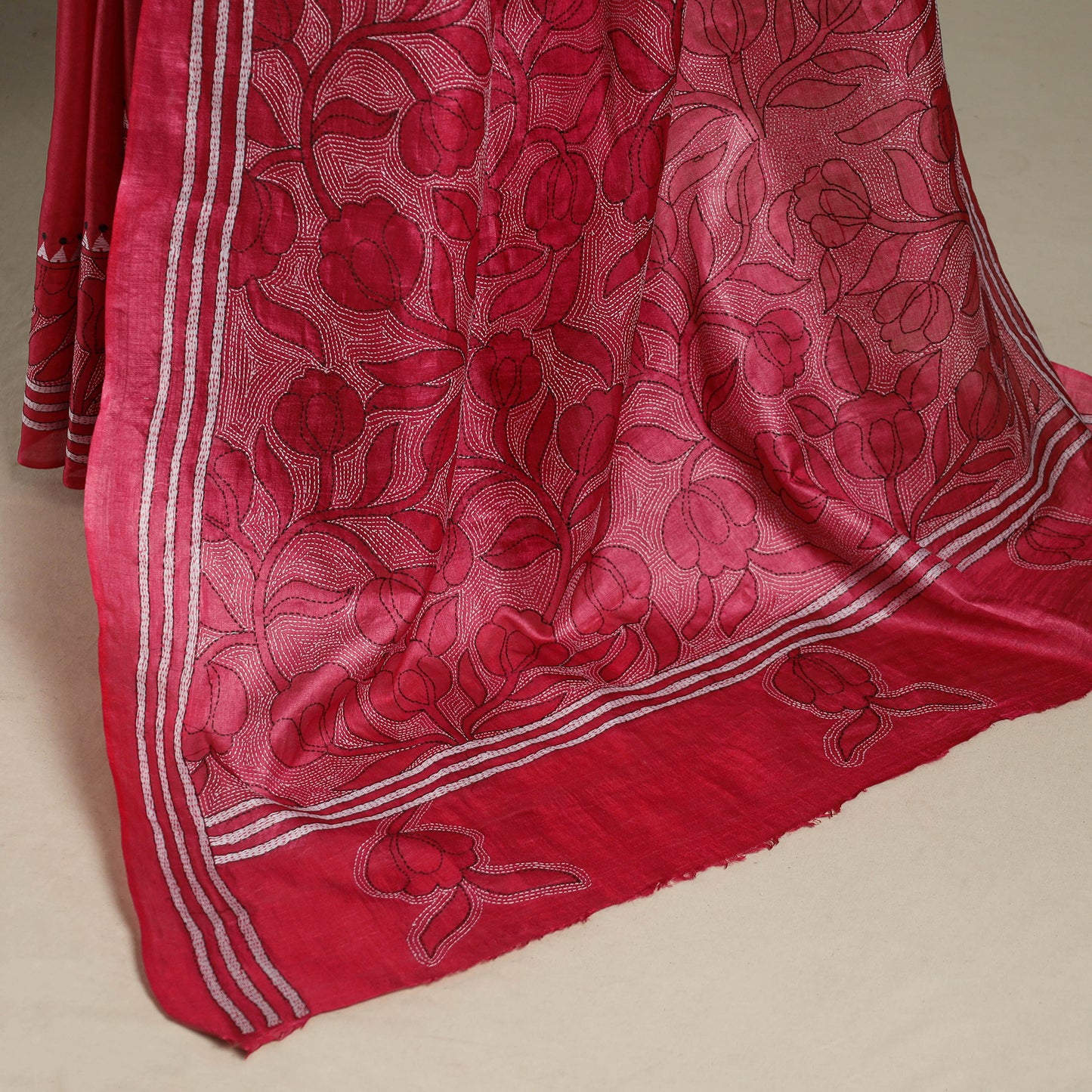Red - bengal hand embroidery tussar silk handloom kantha