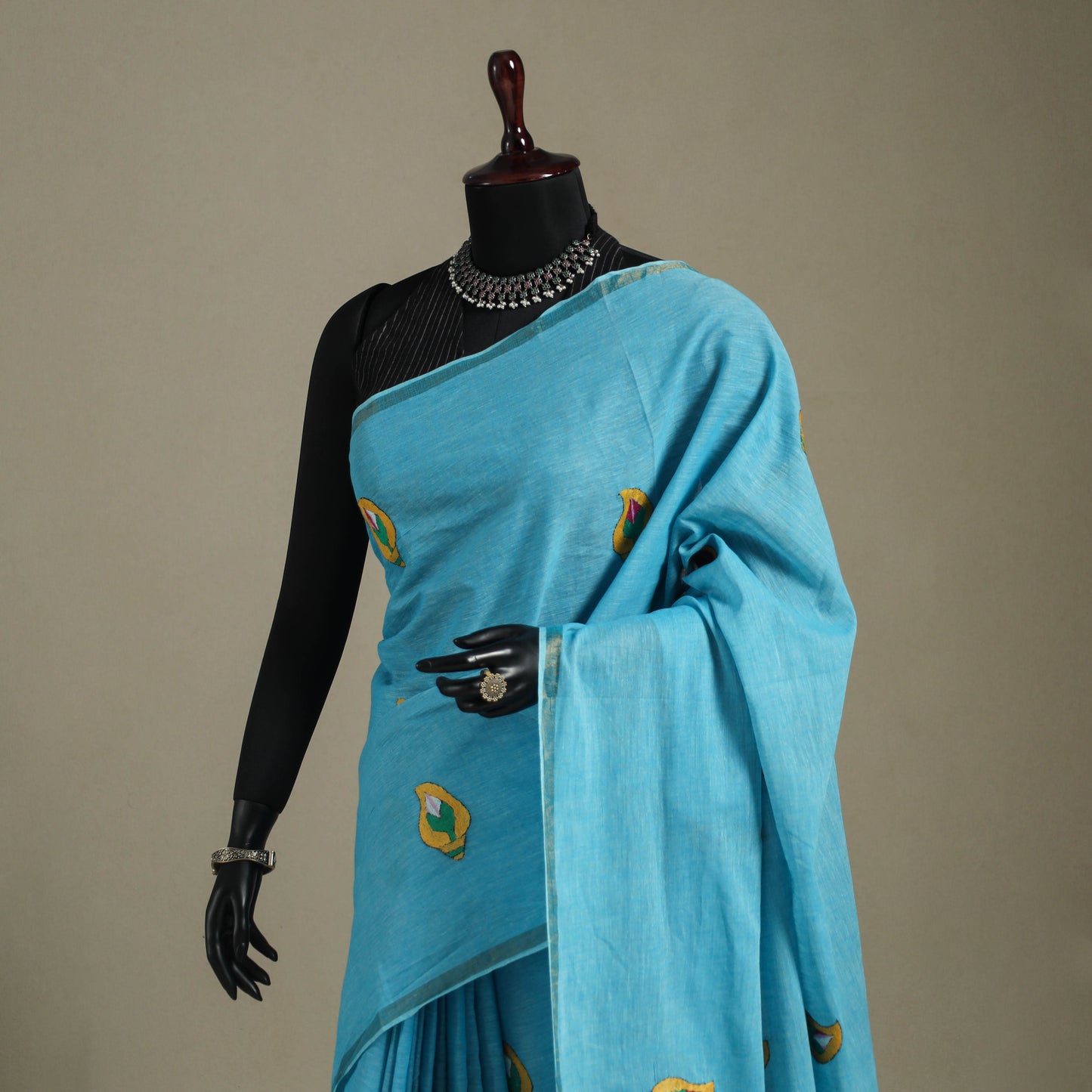 Blue - bengal hand embroidery cotton handloom kantha saree