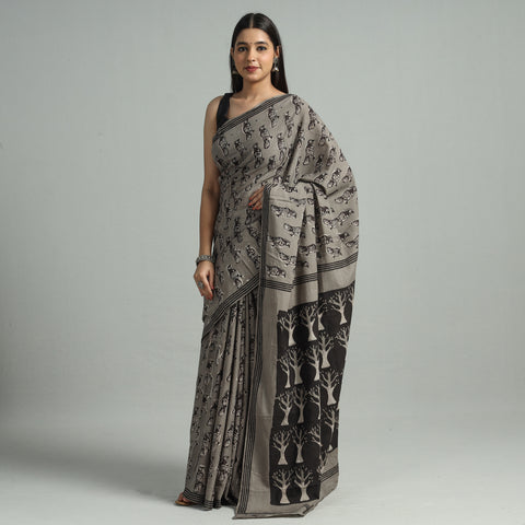 Grey - Bindaas Art Block Printed Natural Dyed Cotton Saree 28