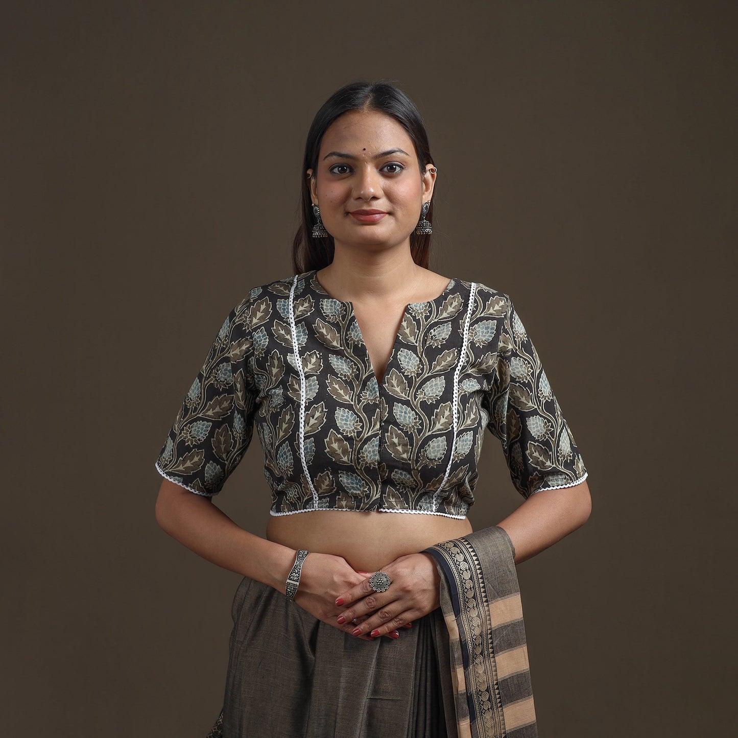 Ajrakh Hand Block Print Natural Dyed Cotton Readymade Blouse with Lace Work 04