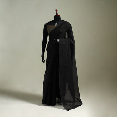 Black - Nazaakat Kota Doria Cotton Plain Saree with Blouse & Jewellery Set 41