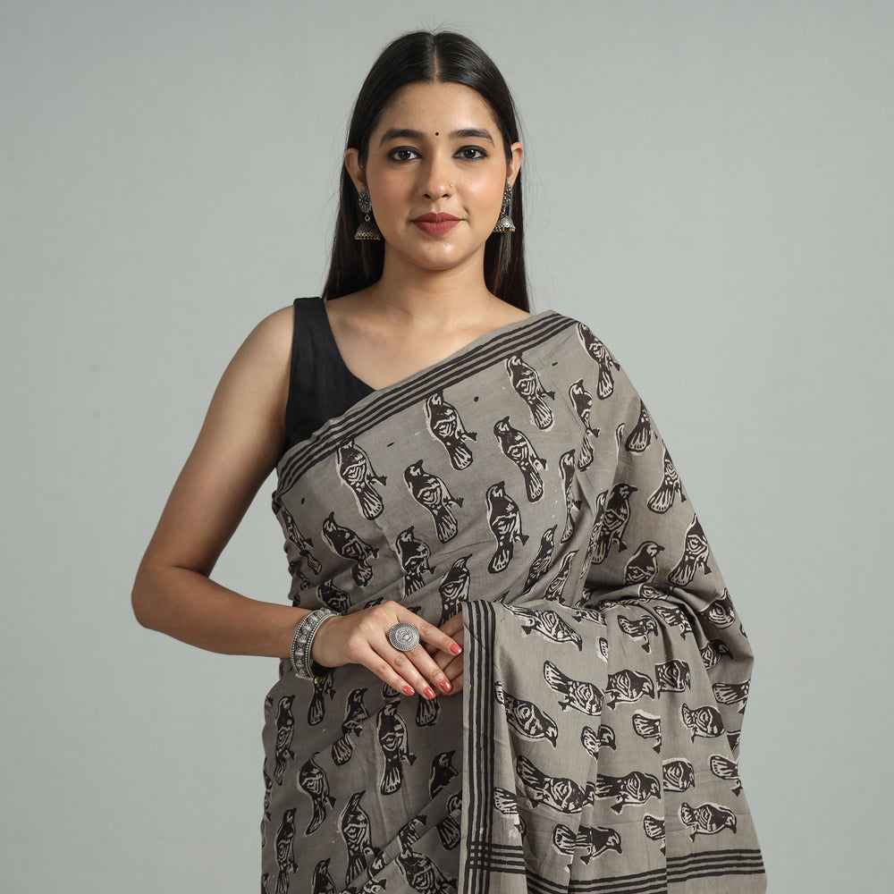 Grey - Bindaas Art Block Printed Natural Dyed Cotton Saree 28