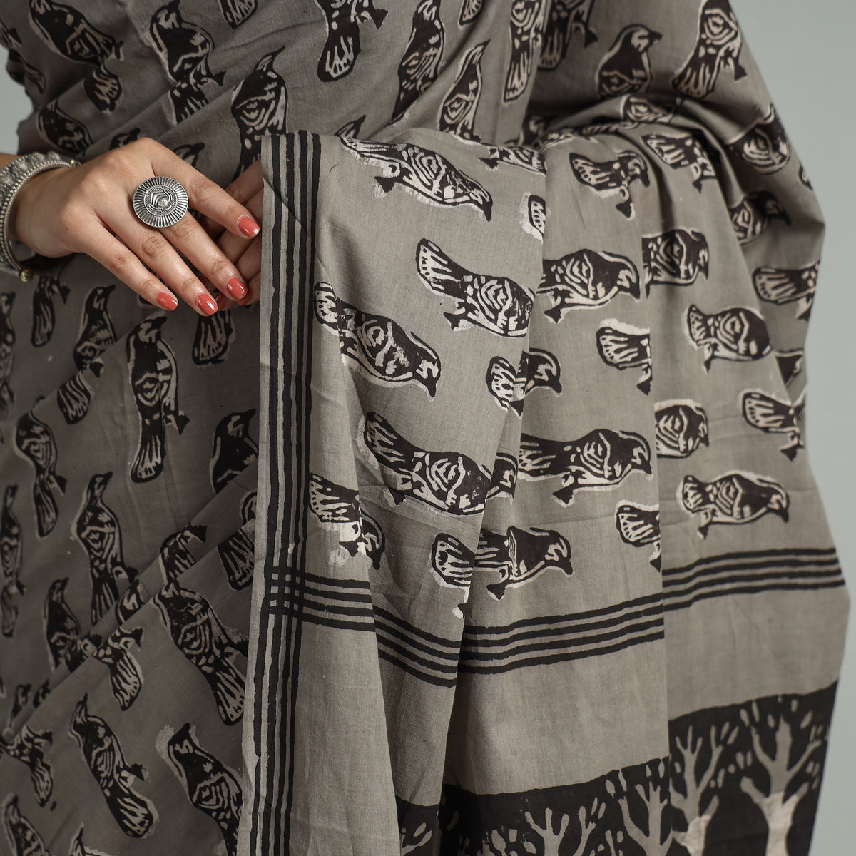 Grey - Bindaas Art Block Printed Natural Dyed Cotton Saree 28