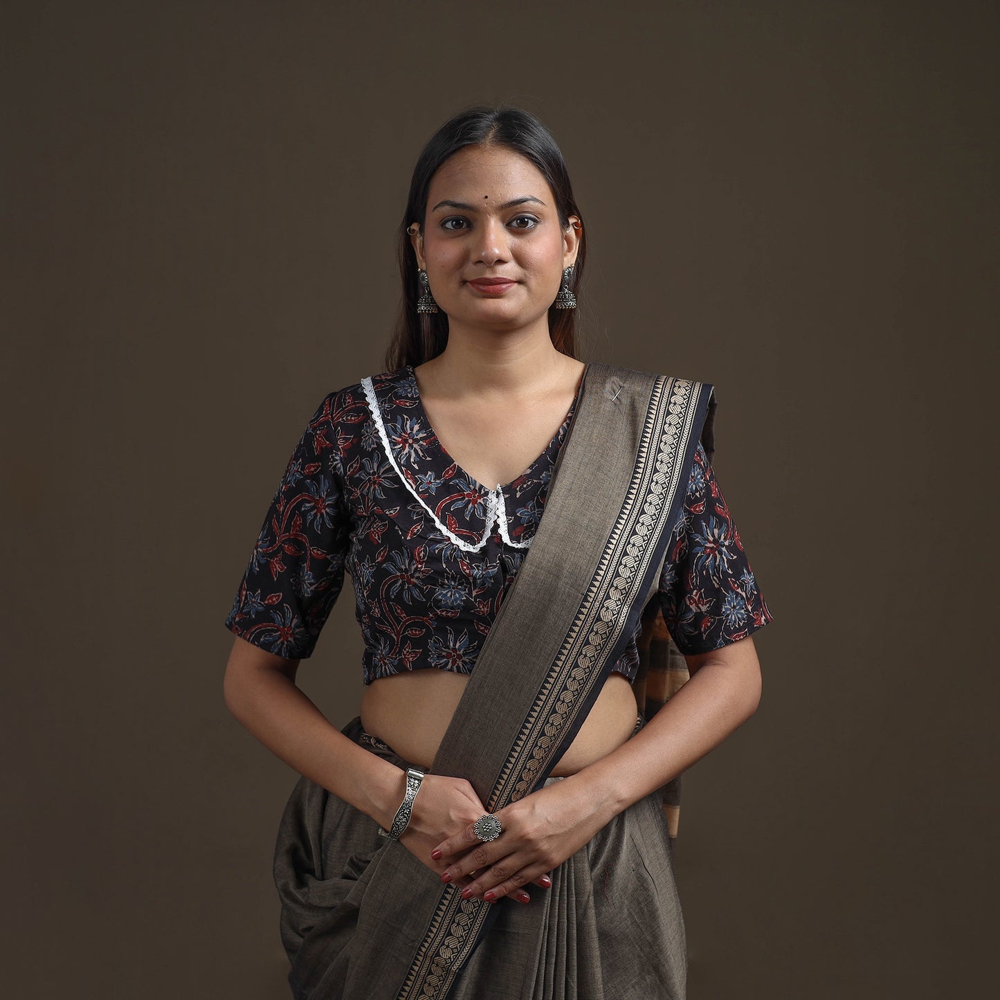 Ajrakh Hand Block Print Natural Dyed Cotton Readymade Blouse with Lace Work 09