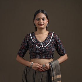 Ajrakh Hand Block Print Natural Dyed Cotton Readymade Blouse with Lace Work 09