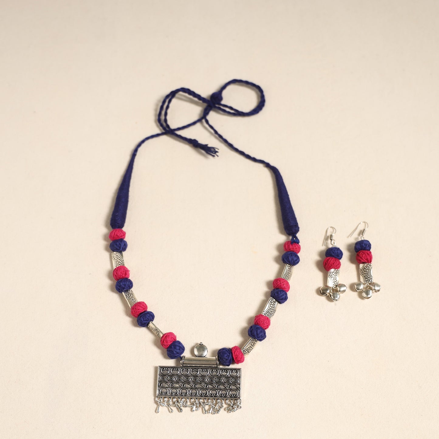 Navratri Special! Blue German Silver Thread Beads Necklace Set