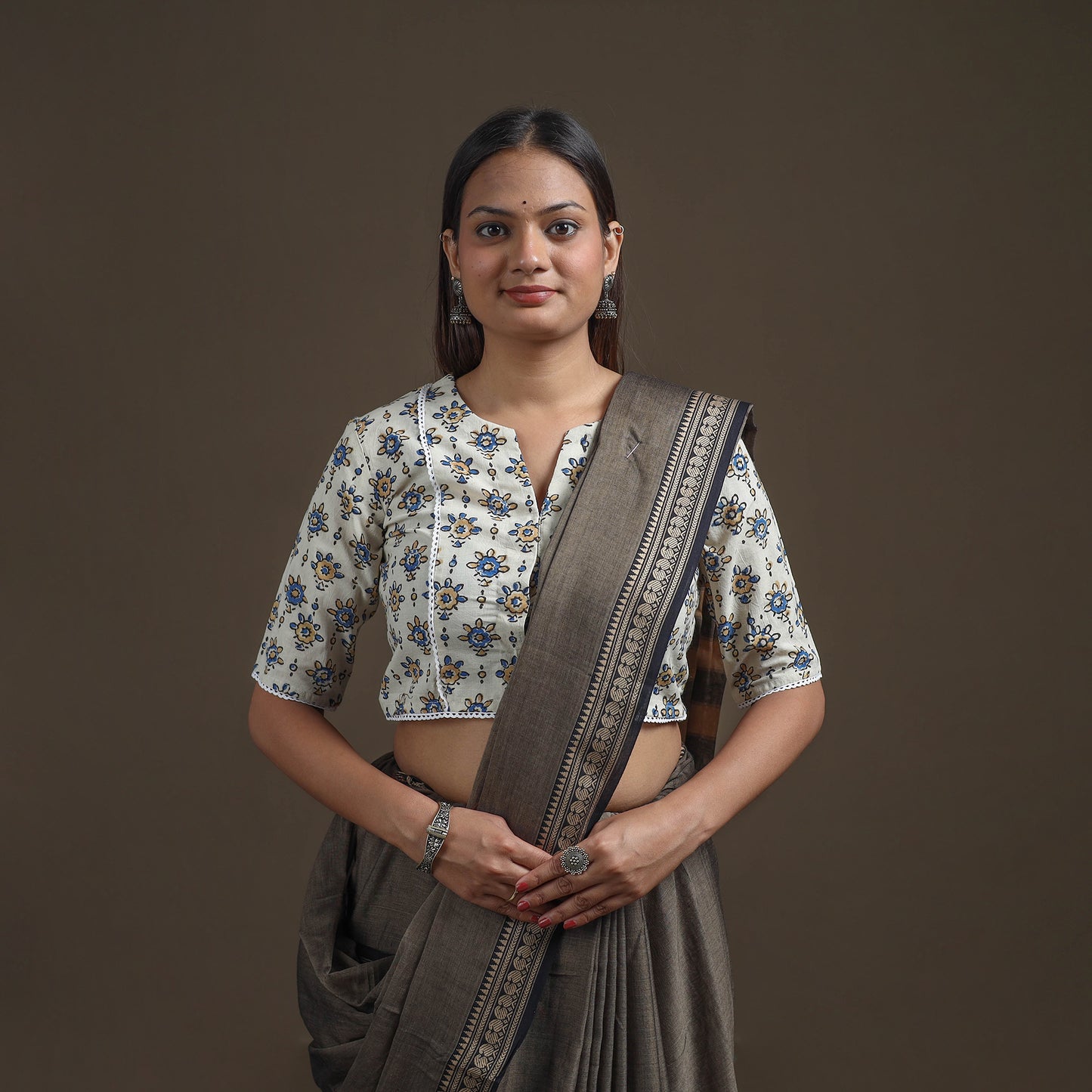 Ajrakh Hand Block Print Natural Dyed Cotton Readymade Blouse with Lace Work 01