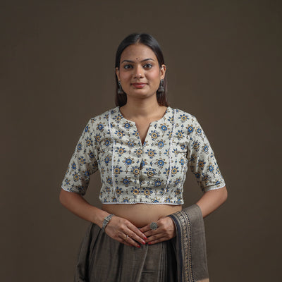 Ajrakh Hand Block Print Natural Dyed Cotton Readymade Blouse with Lace Work 01