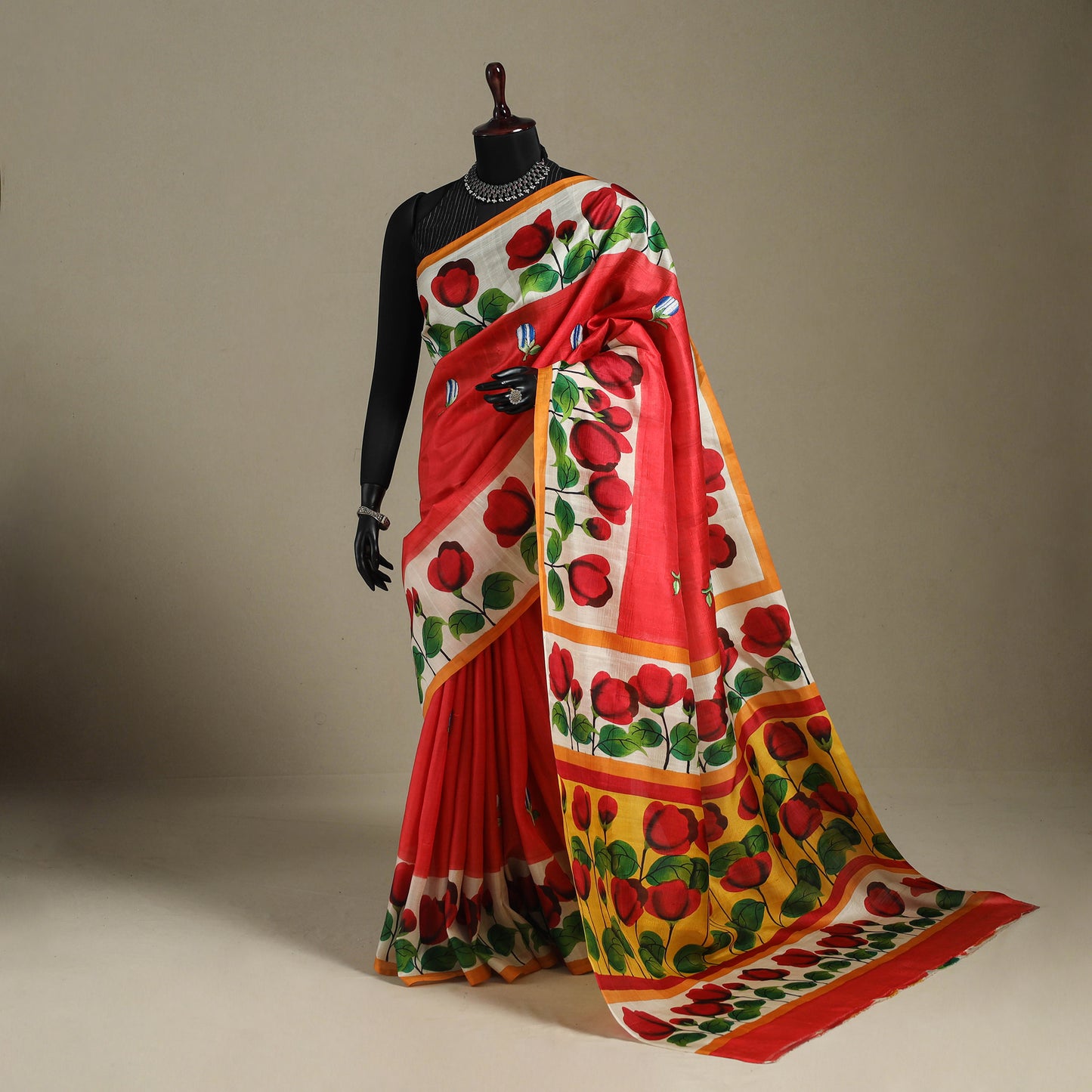 Red - handpainted bishnupuri silk bengal kantha embroidery
