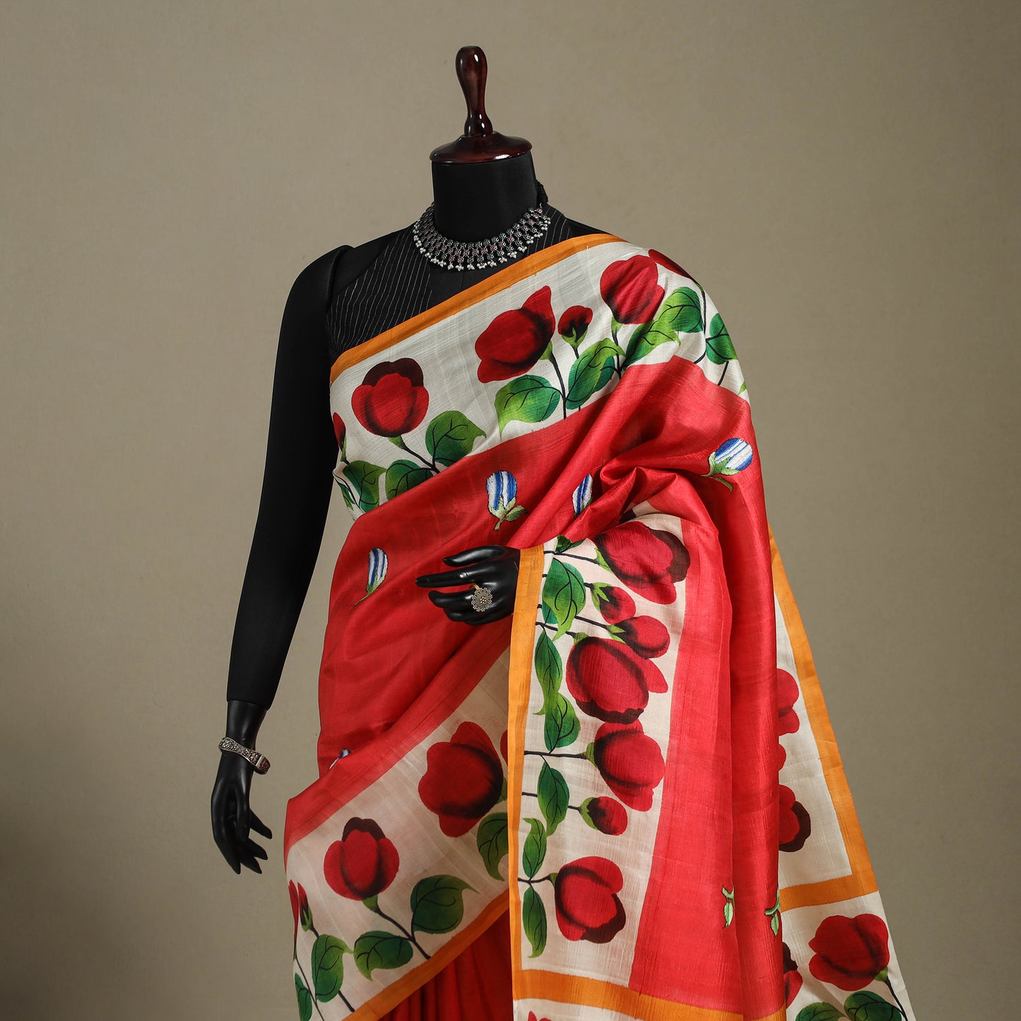 Red - handpainted bishnupuri silk bengal kantha embroidery