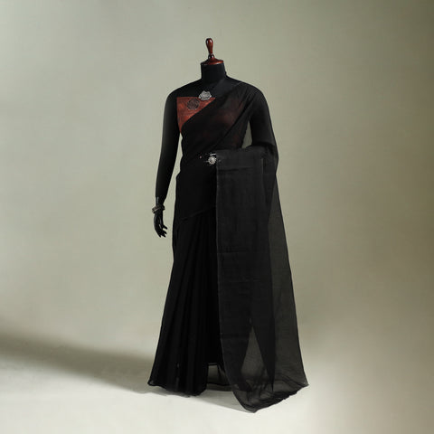 Black - Nazaakat Kota Doria Cotton Plain Saree with Blouse & Jewellery Set 43