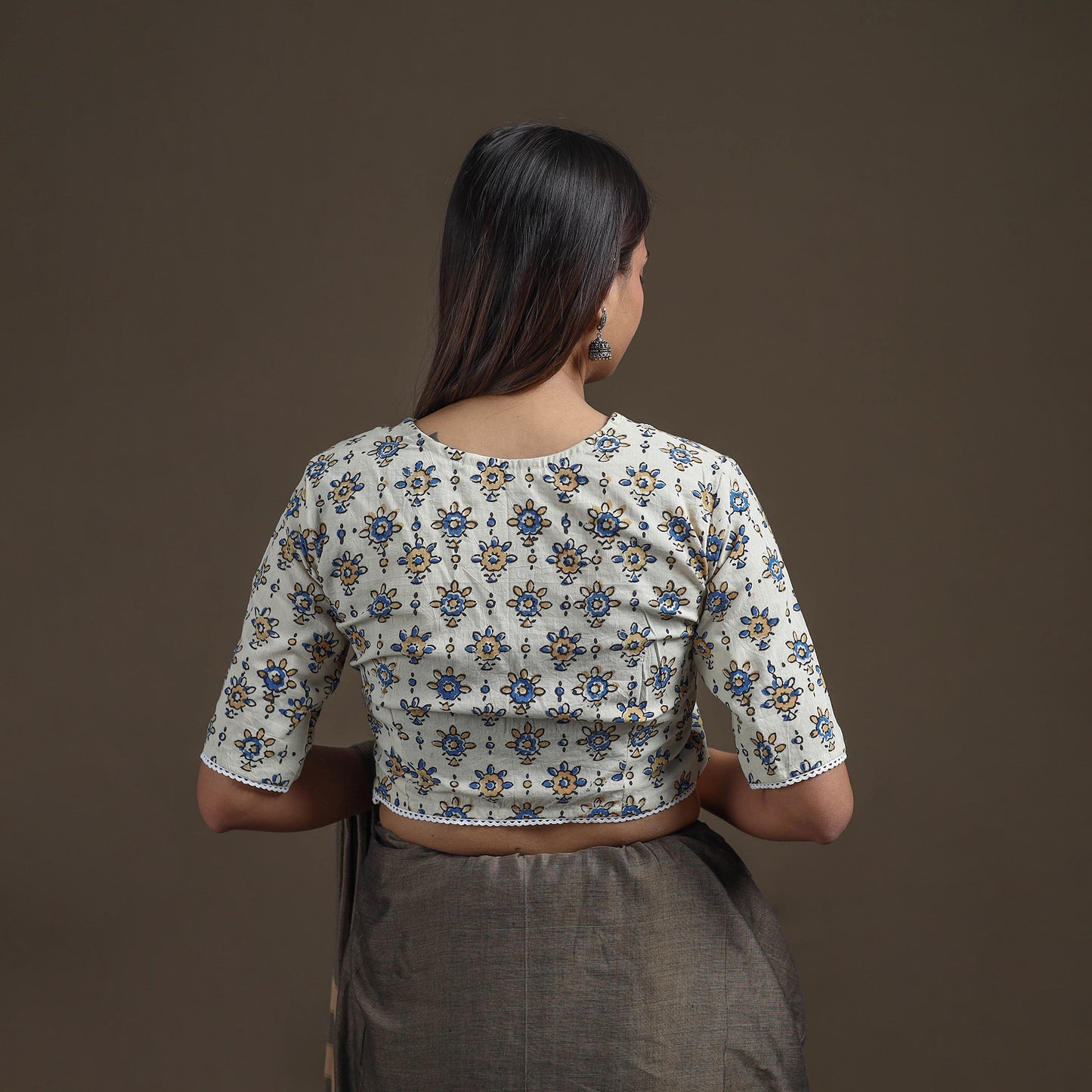 Ajrakh Hand Block Print Natural Dyed Cotton Readymade Blouse with Lace Work 01