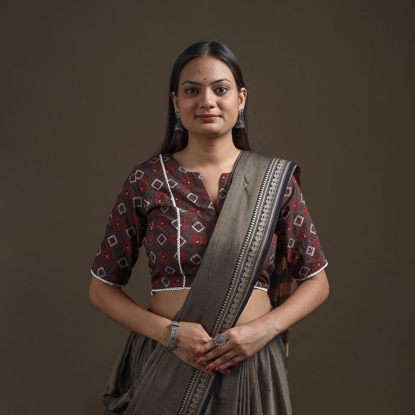 Ajrakh Hand Block Print Natural Dyed Cotton Readymade Blouse with Lace Work 02