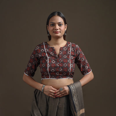 Ajrakh Hand Block Print Natural Dyed Cotton Readymade Blouse with Lace Work 02