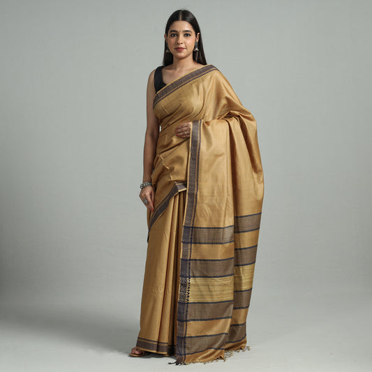 Brown - Traditional Vidarbha Tussar Silk Cotton Handloom Saree with Woven Border 31