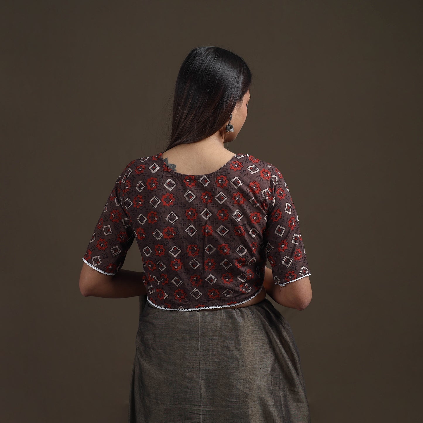 Ajrakh Hand Block Print Natural Dyed Cotton Readymade Blouse with Lace Work 02