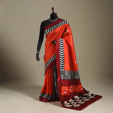 Red - handpainted bishnupuri silk bengal kantha embroidery