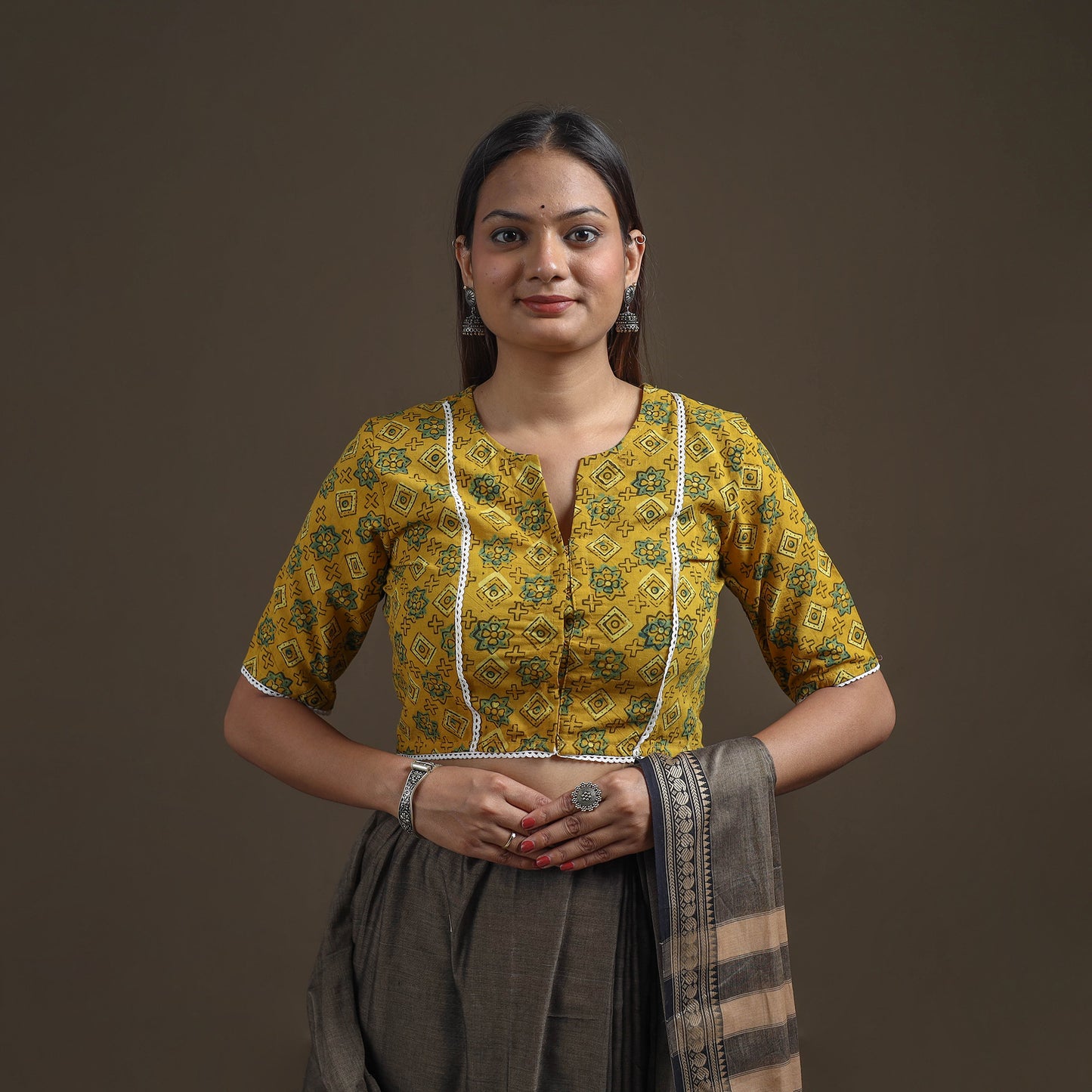 Ajrakh Hand Block Print Natural Dyed Cotton Readymade Blouse with Lace Work 03