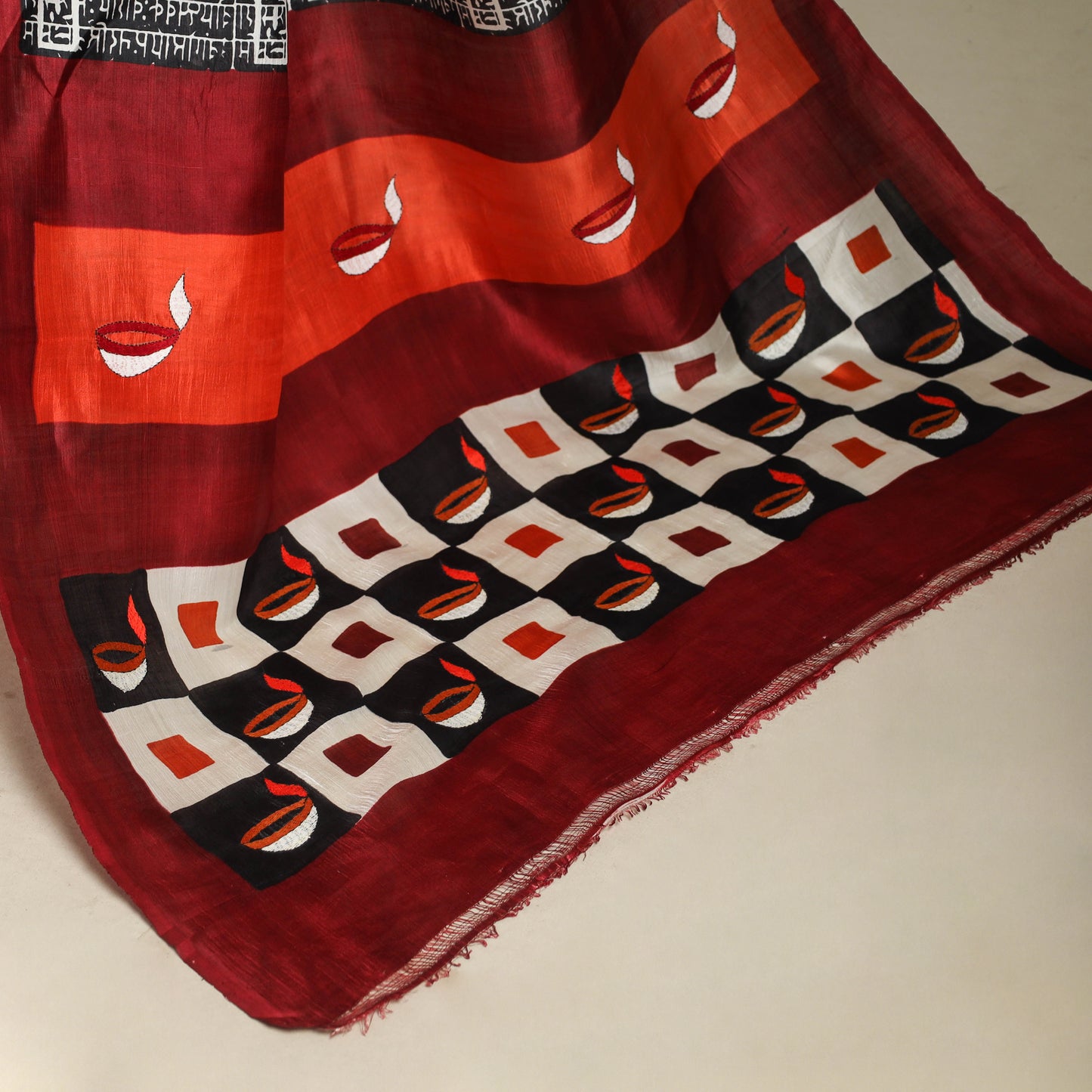 Red - handpainted bishnupuri silk bengal kantha embroidery