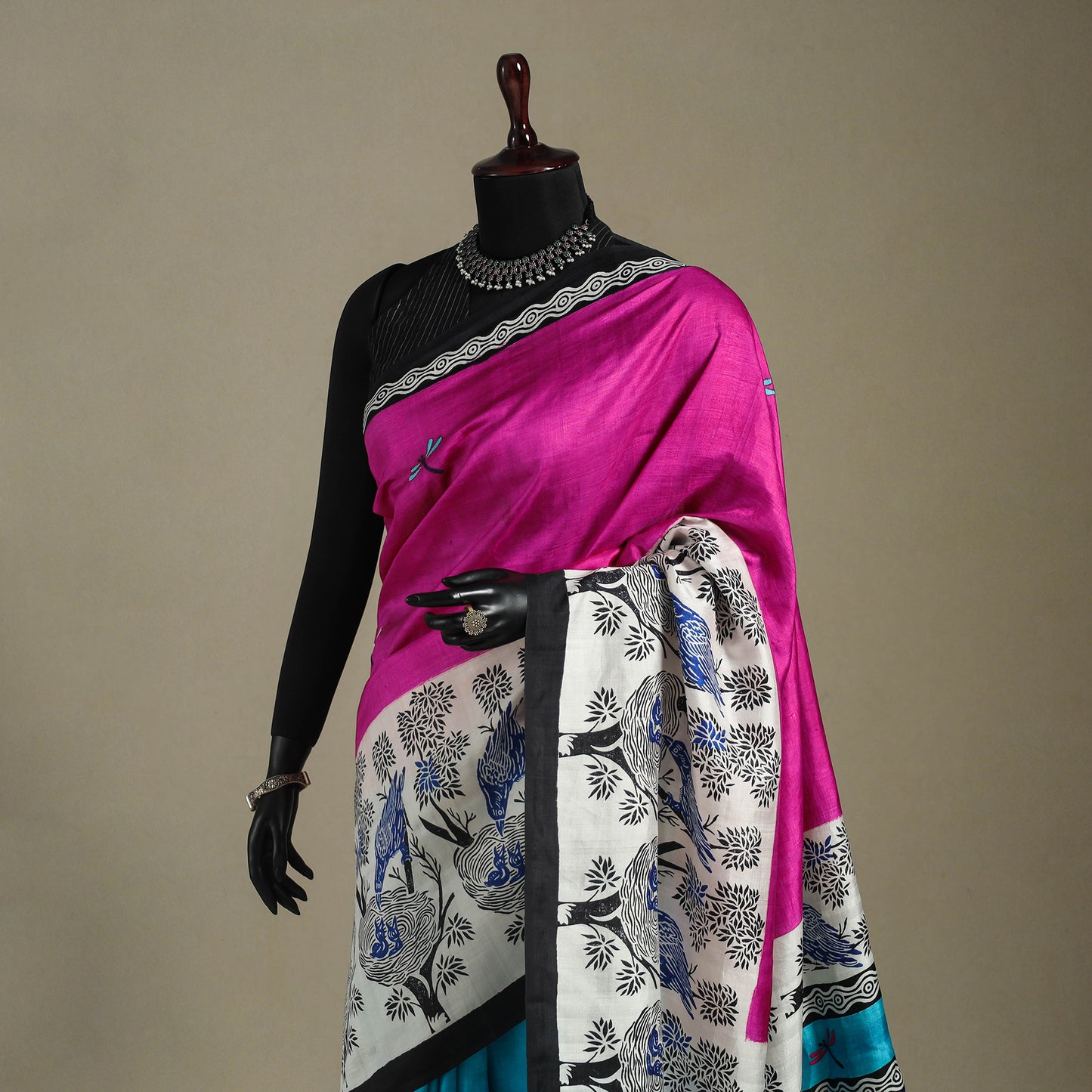 Pink - handpainted bishnupuri silk bengal kantha embroidery